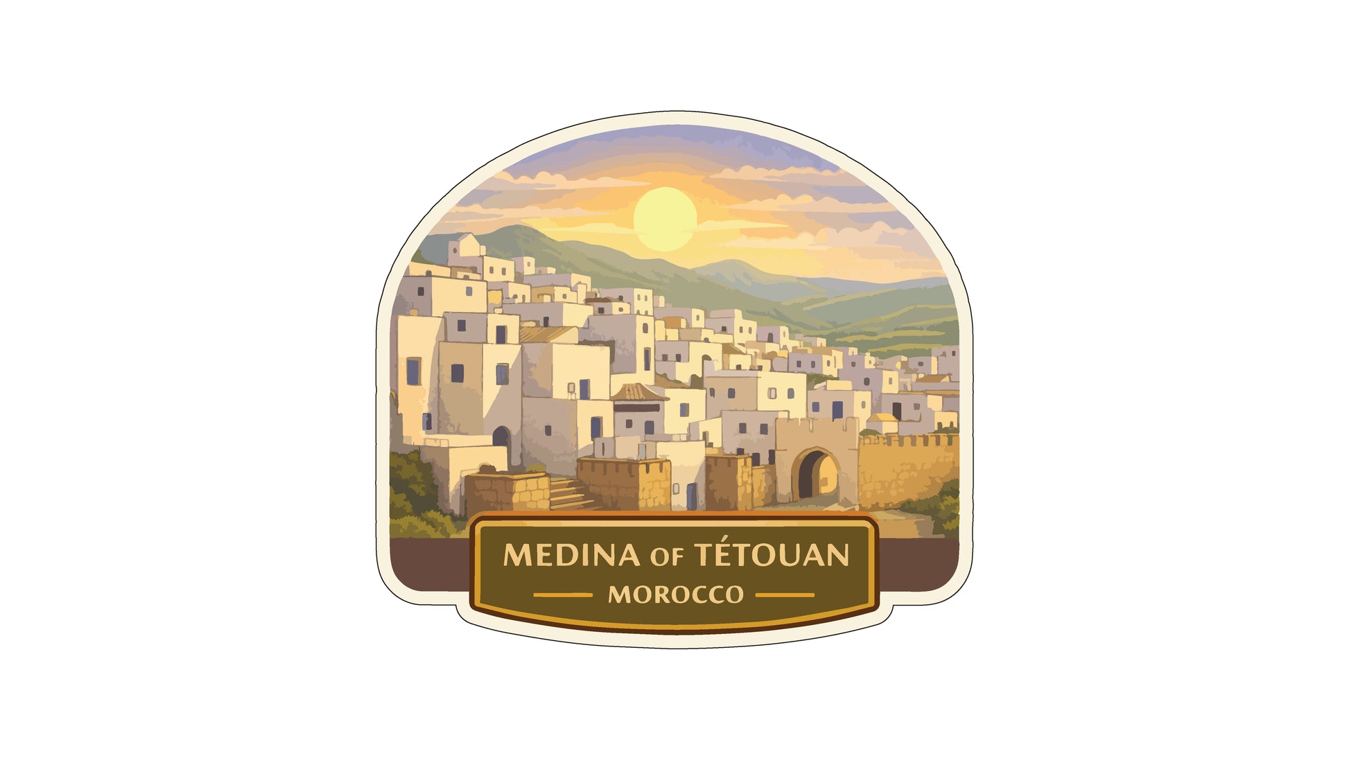 a picturesque town in Morocco, with white buildings and a warm, golden sunset in the background.