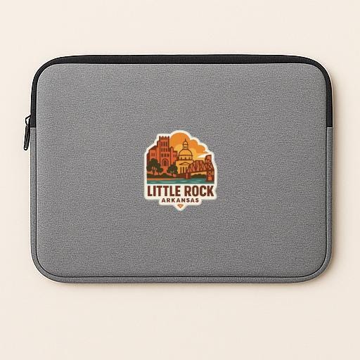 A gray laptop sleeve with a logo of Little Rock, Arkansas.