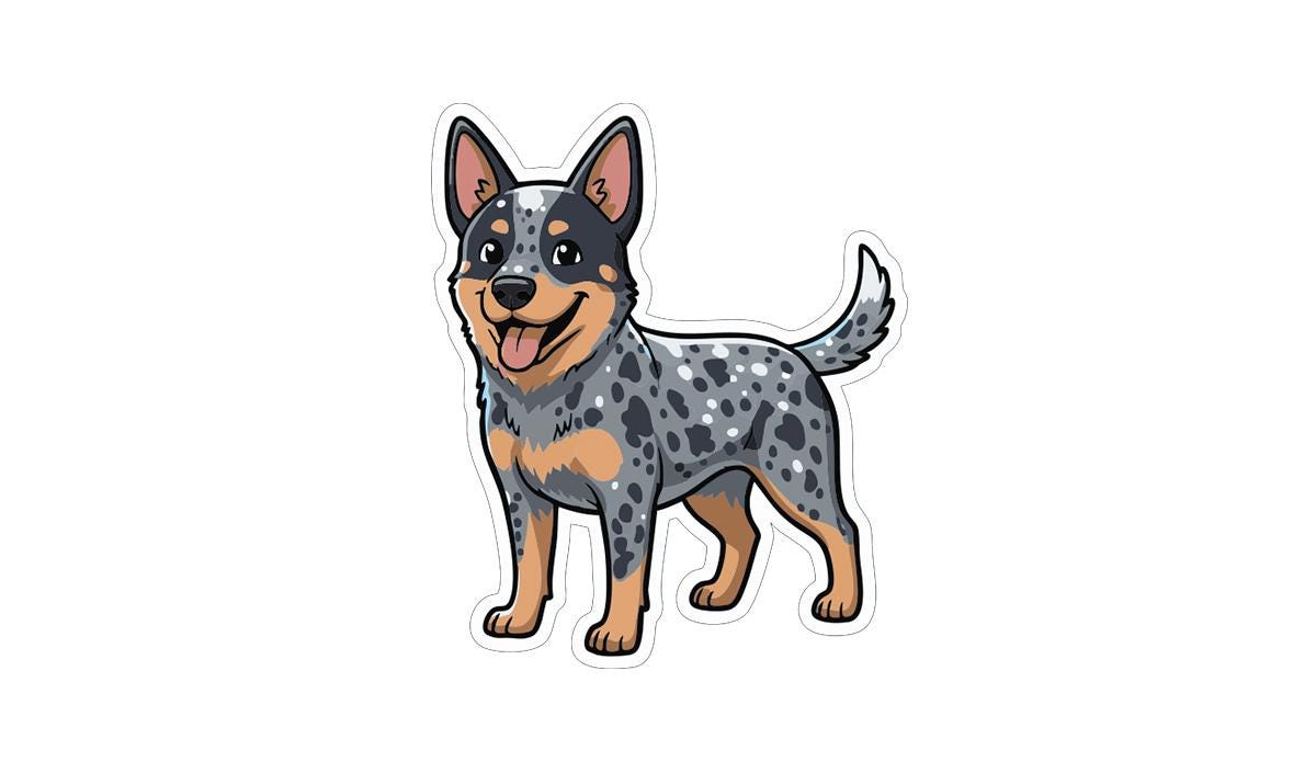 A cartoon illustration of a spotted dog with a happy expression.