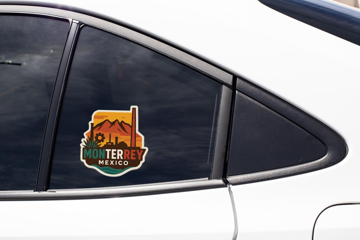 A car window with a sticker on it, featuring a colorful graphic and text.
