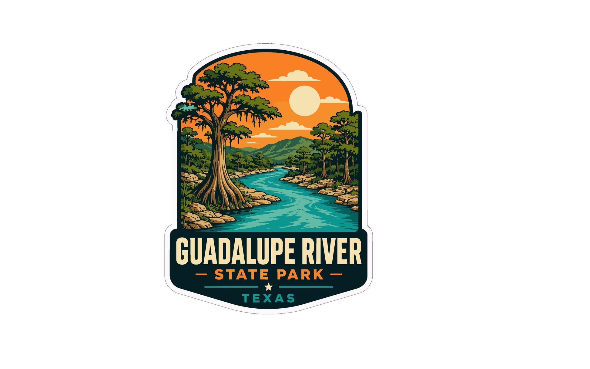 A colorful sticker depicting a scenic landscape with a river, trees, and a sunset sky.