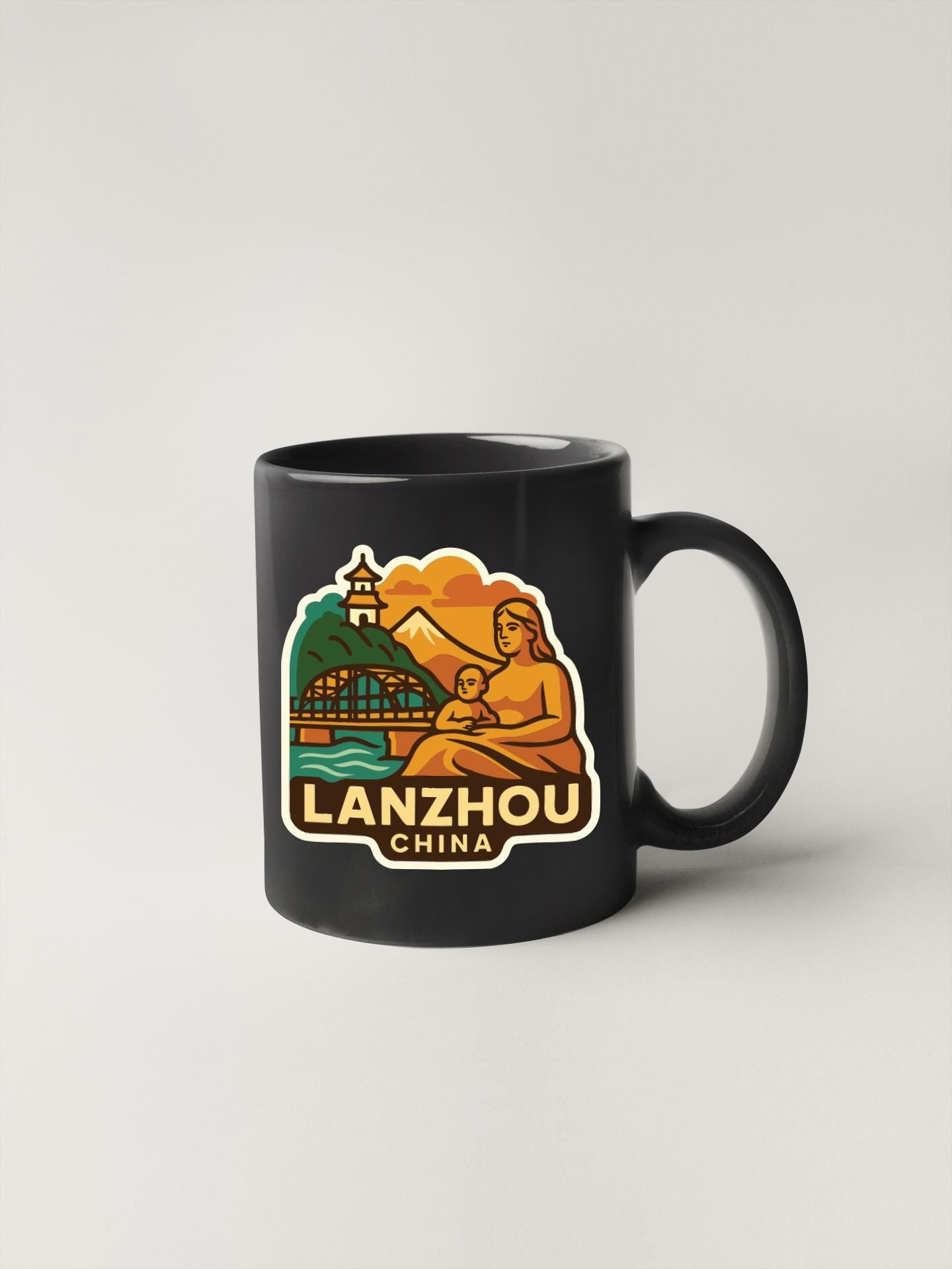 A black coffee mug with a colorful illustration depicting a scenic landscape with mountains, a temple, and a person holding a child.