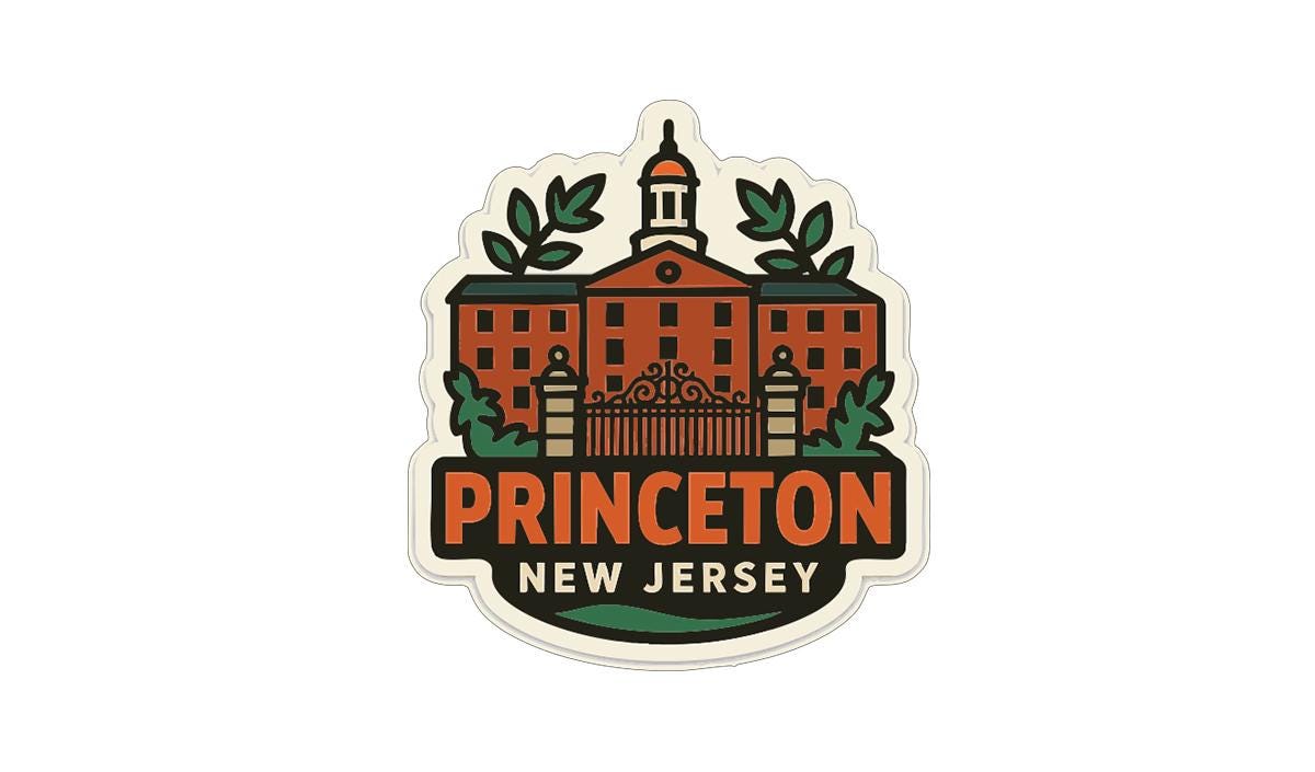 A sticker or emblem featuring the Princeton, New Jersey campus with a building and a clock tower.