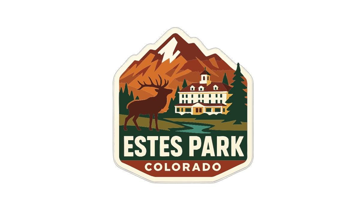a sticker or emblem with a mountain landscape, a building, and a deer. The text "ESTS PARK COLORADO" is prominently displayed, indicating the location of the landmark.
