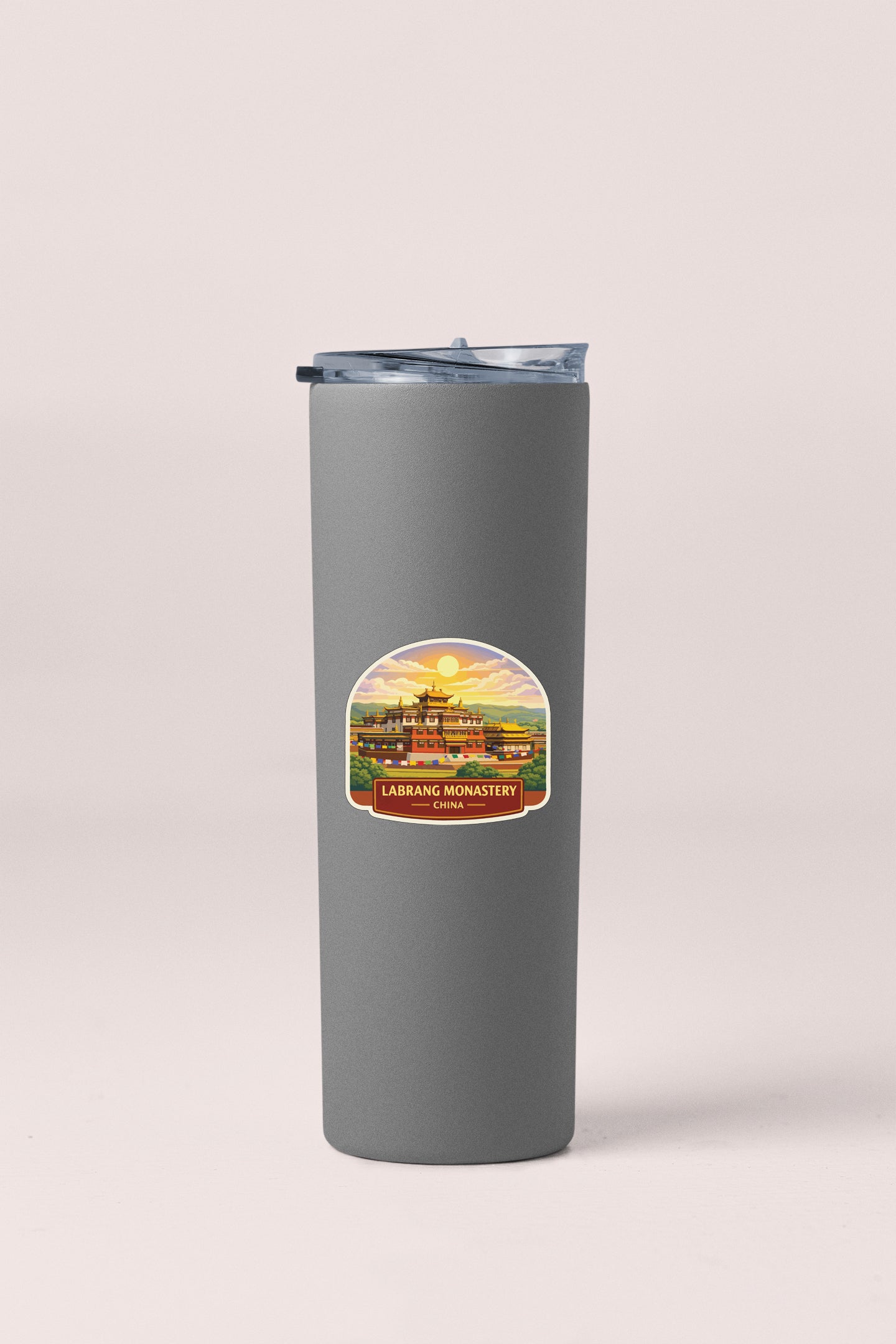 A gray insulated tumbler with a label that says "Labbrang Monastery" and "L.A. China".
