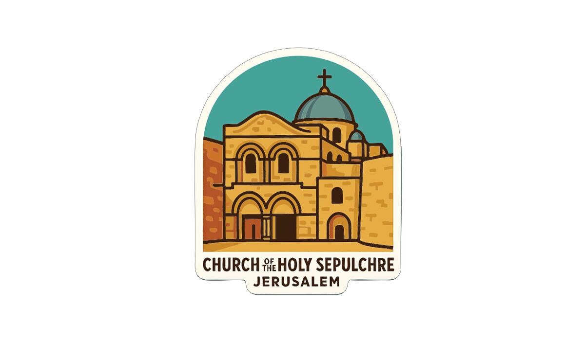 a stylized illustration of the Church of the Holy Sepulchre in Jerusalem, with a blue dome and arched windows.
