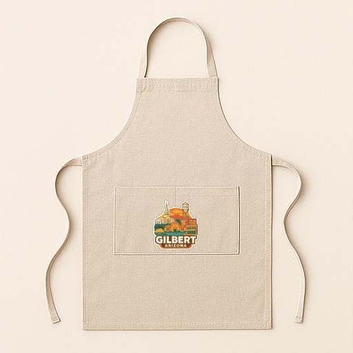 A beige apricot with a graphic of a building and the word "GILBERT" printed on it.