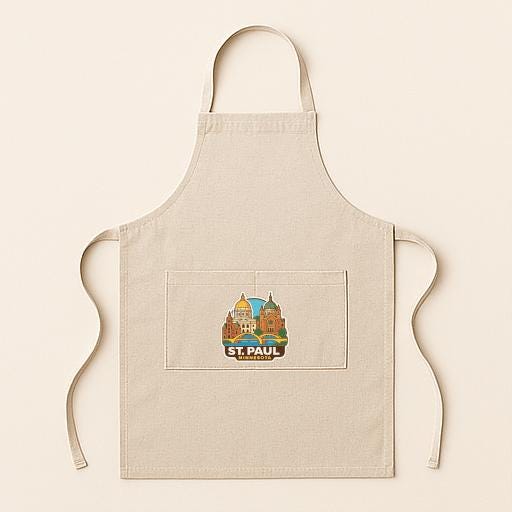 A beige apricot with a graphic of St. Paul's Cathedral printed on it.