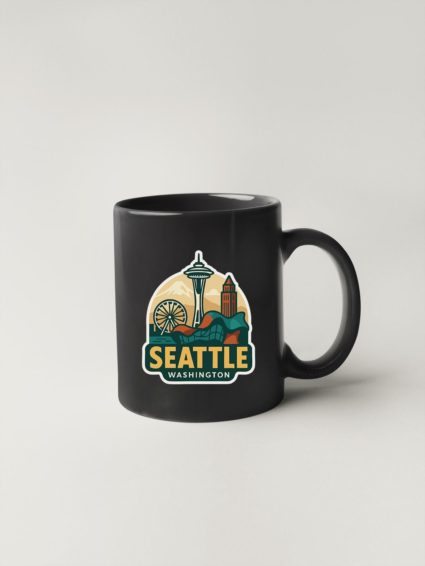 a black seattle coffee mug with the seattle skyline