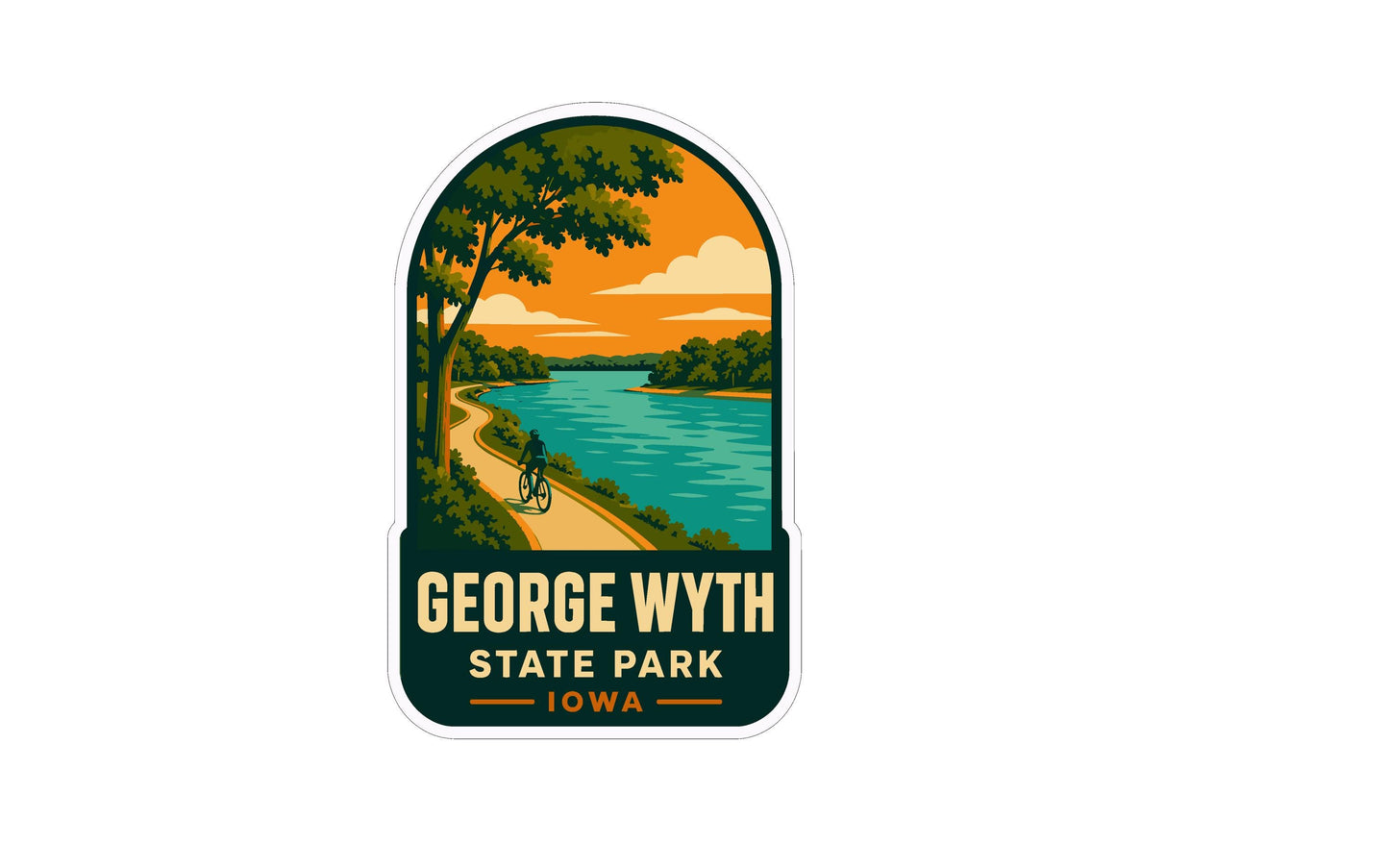 A sticker depicting a scenic landscape with a person riding a bicycle along a path near a body of water, surrounded by trees and a cloudy sky.
