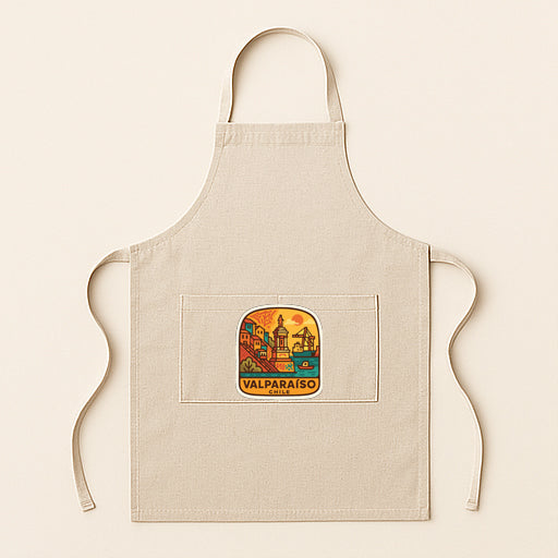 A beige apricot with a colorful graphic of a city skyline and the text "VALPARAISO" printed on it.