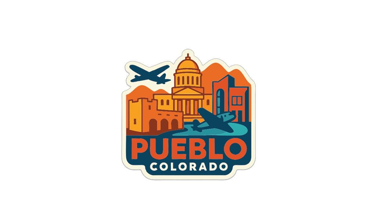 a sticker or logo with the text "PUEBLO COLORADO" and an illustration of a city skyline with a dome-shaped building, two airplanes, and mountains in the background.