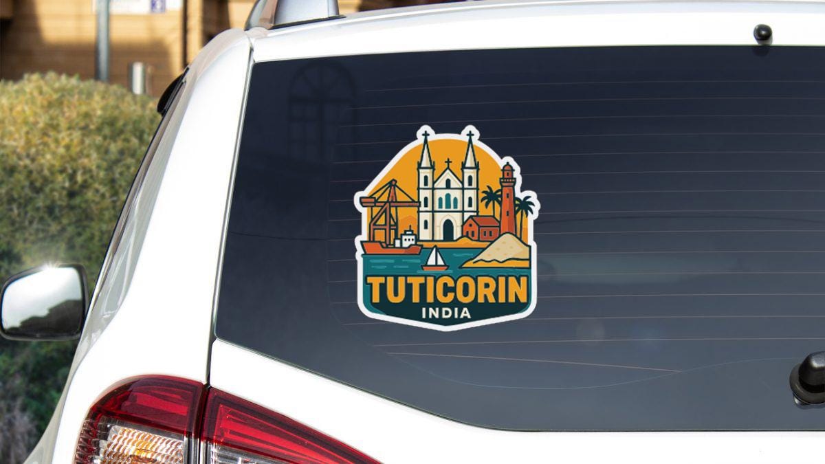 A sticker on the rear window of a car that features an illustration of a cityscape with a church, lighthouse, and other landmarks, along with the text "TUTICORIN INDIA".