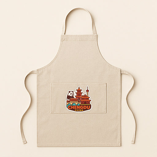A beige apricot with a panda bear and a Chinese temple logo printed on it.