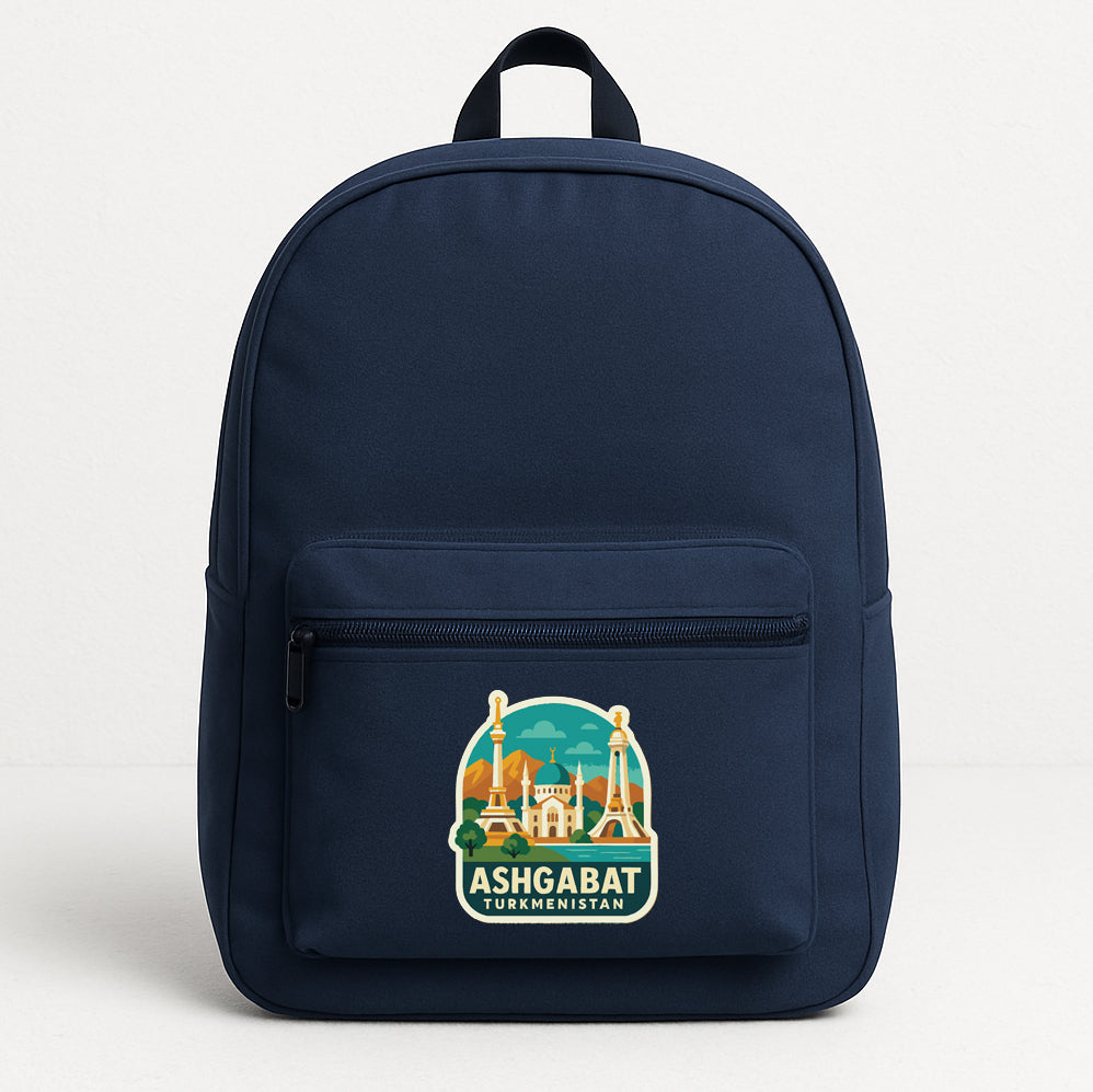 A navy blue backpack with a graphic of the Taj Mahal and the text "ASHGABAT TURKMENISTAN" printed on it.