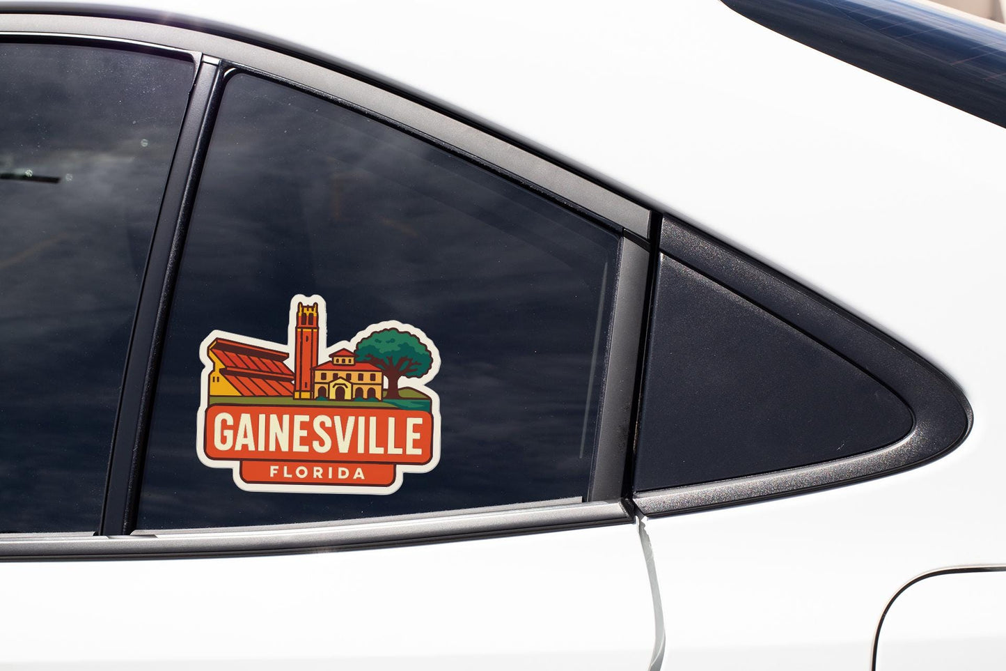 A sticker on the side of a car window that says "GAINESVILLE, FLORIDA".