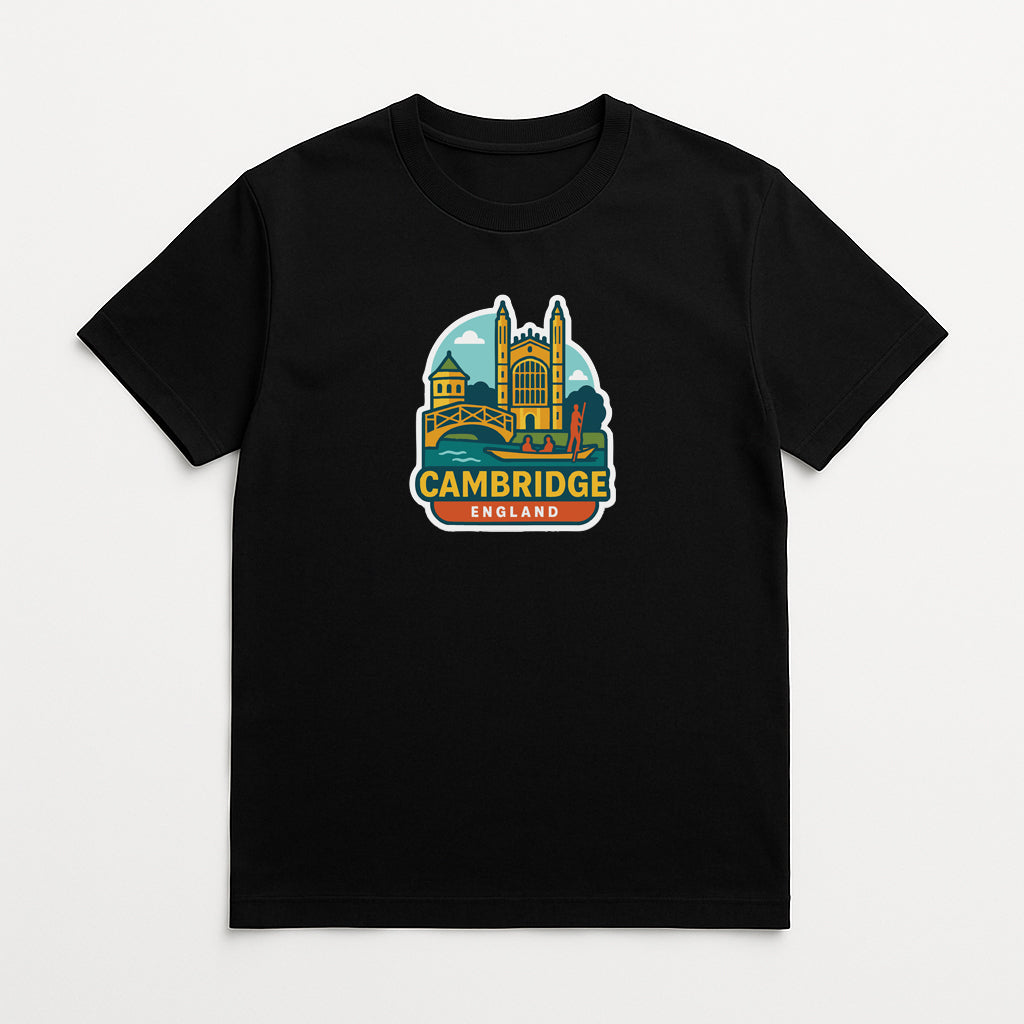 A black t-shirt with a colorful graphic depicting the iconic landmarks of Cambridge, England.