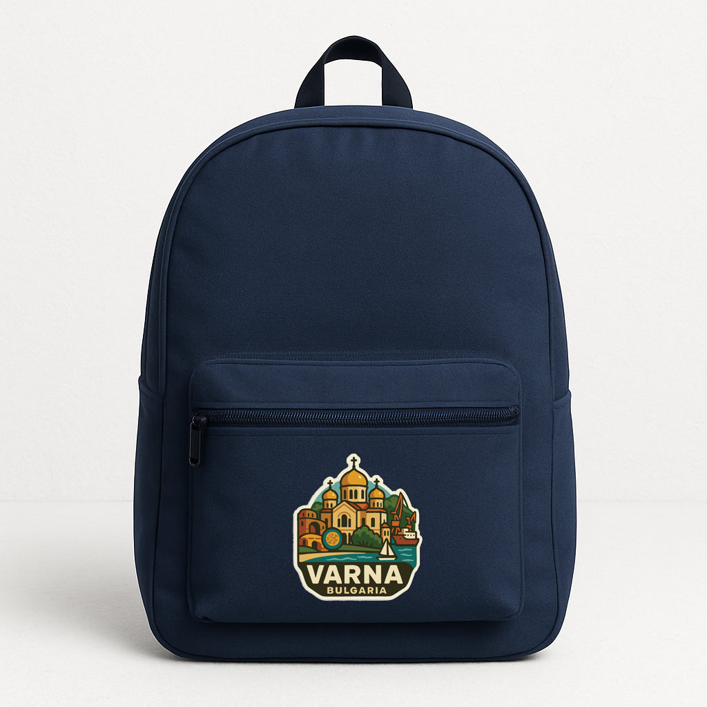 A navy blue backpack with a graphic of a cityscape and the text "VARNA BULARIA" printed on it.