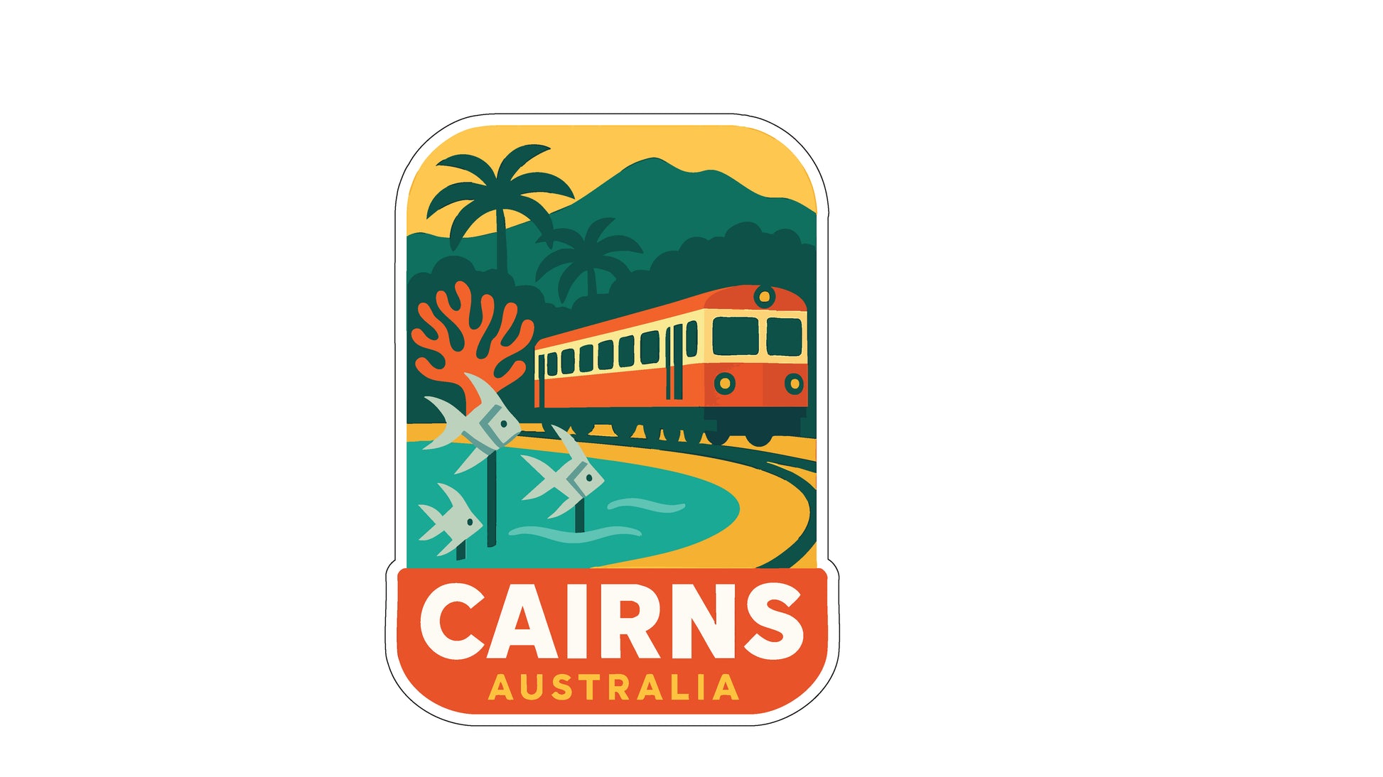 a colorful sticker or logo depicting a train, palm trees, and a body of water, with the text "CAIRNS AUSTRALIA" prominently displayed.