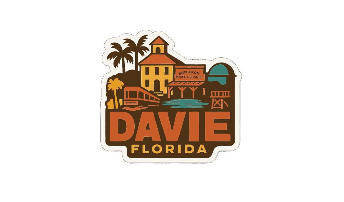 A sticker depicting a tropical scene with palm trees, a building, and a body of water, along with the text "DAVIE FLORIDA".