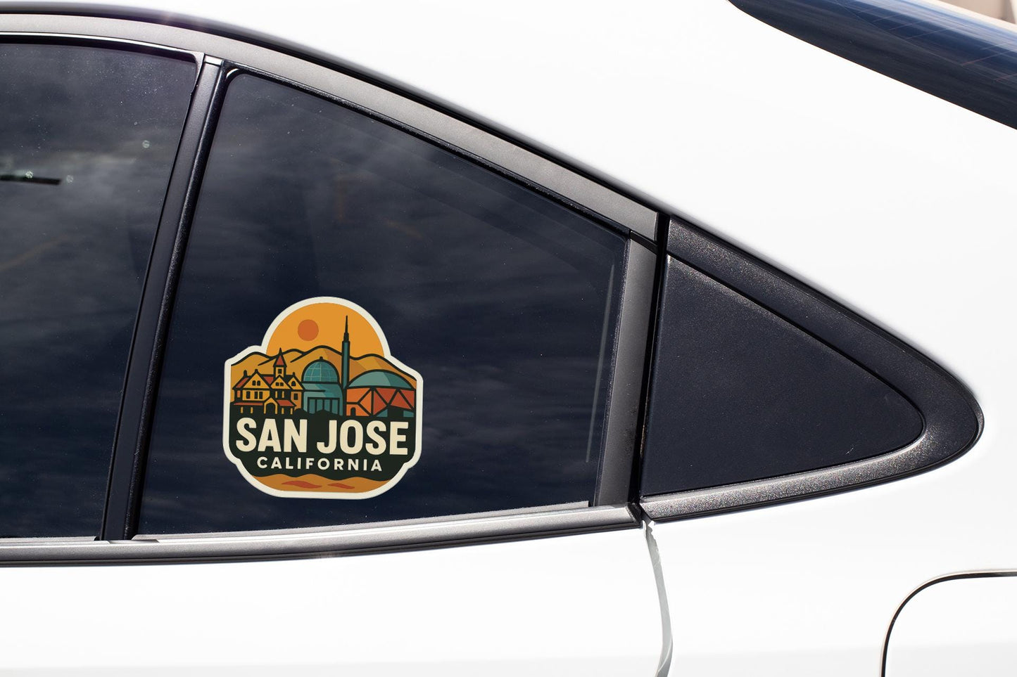 A sticker on the side of a car window that says "SAN JOSE, CALIFORNIA".