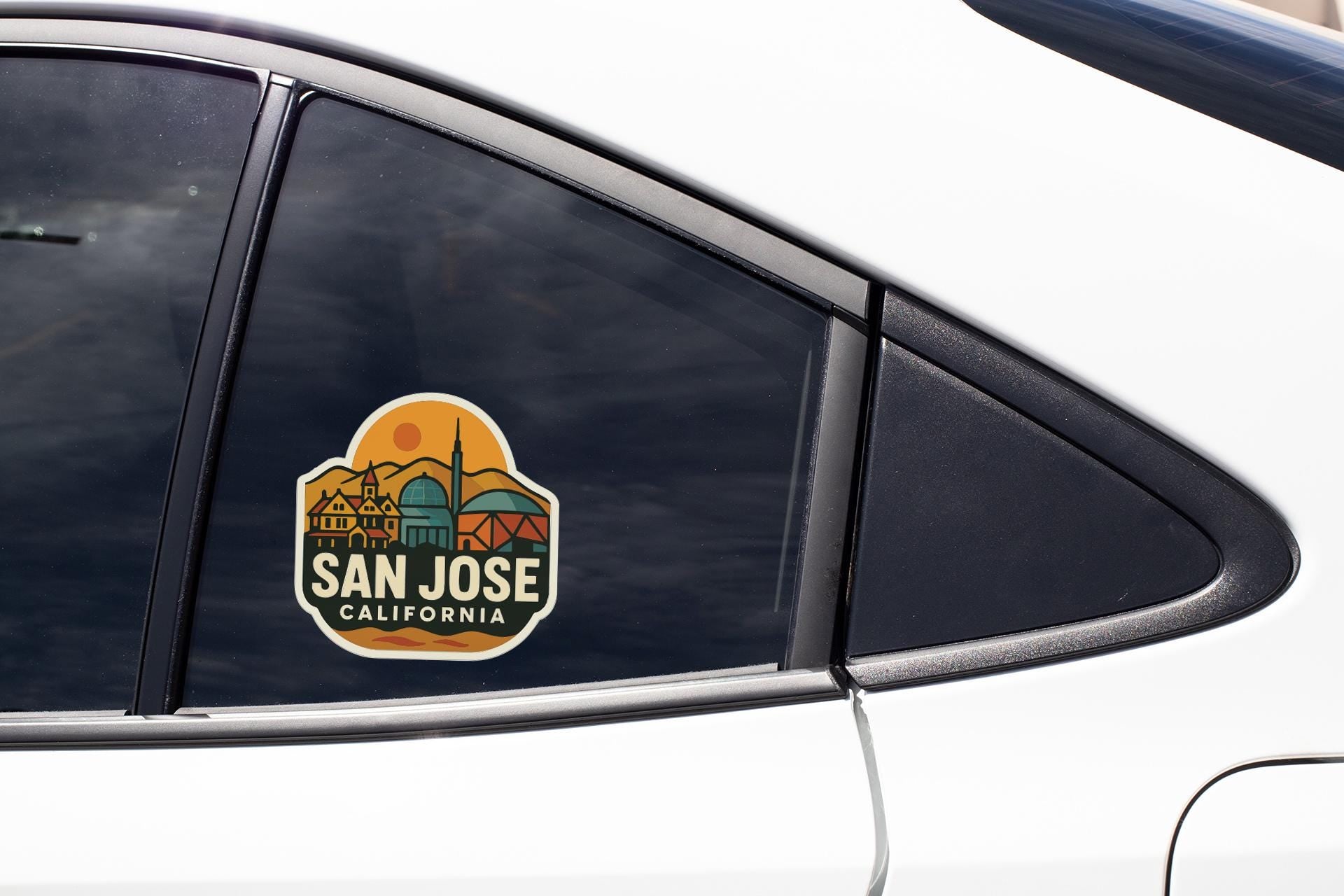 A sticker on the side of a car window that says "SAN JOSE, CALIFORNIA".