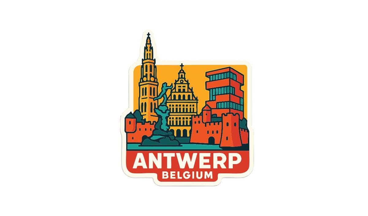a sticker or emblem depicting the cityscape of Antwerp, Belgium.