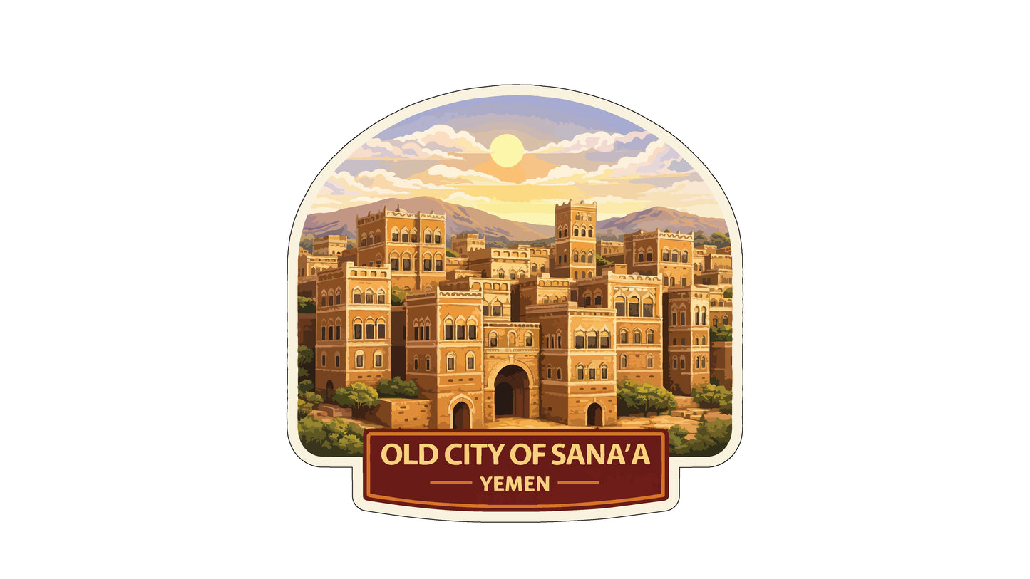 a cityscape of Sana'a, Yemen, with a sunset in the background.