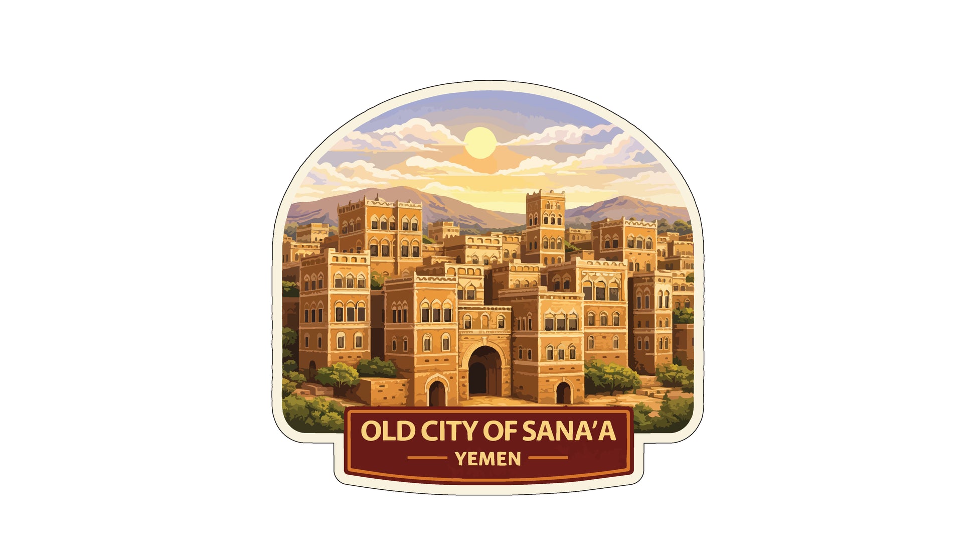 a cityscape of Sana'a, Yemen, with a sunset in the background.