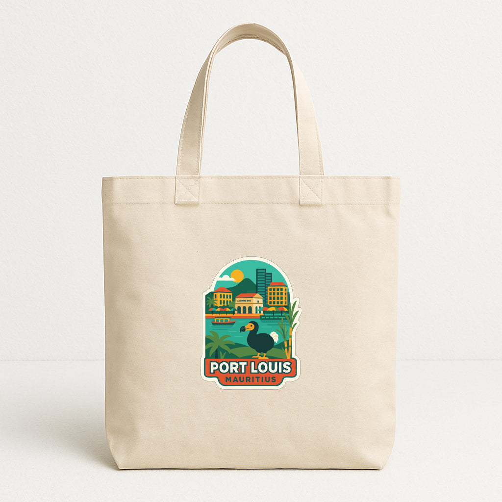 A beige tote bag with a printed design depicting a cityscape and a bird, along with the text "PORT LOUIS MAURITIUS".