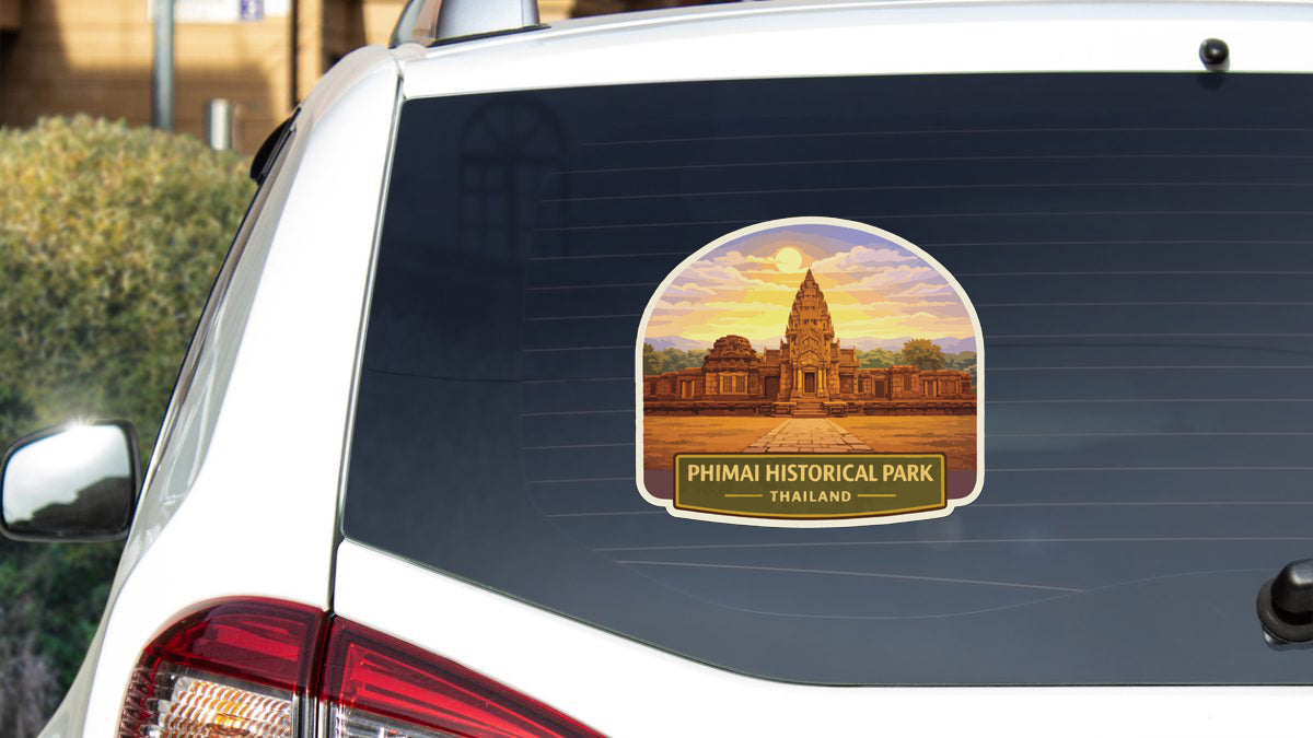 A sticker on the rear window of a car, depicting the Phimai Historical Park in Thailand.