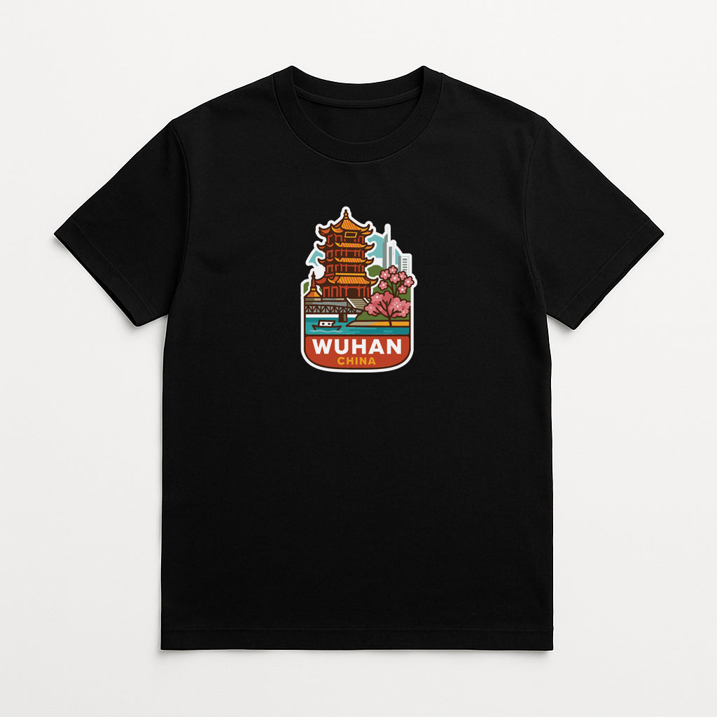 A black t-shirt with a colorful graphic design depicting a pagoda and other traditional Chinese architecture.