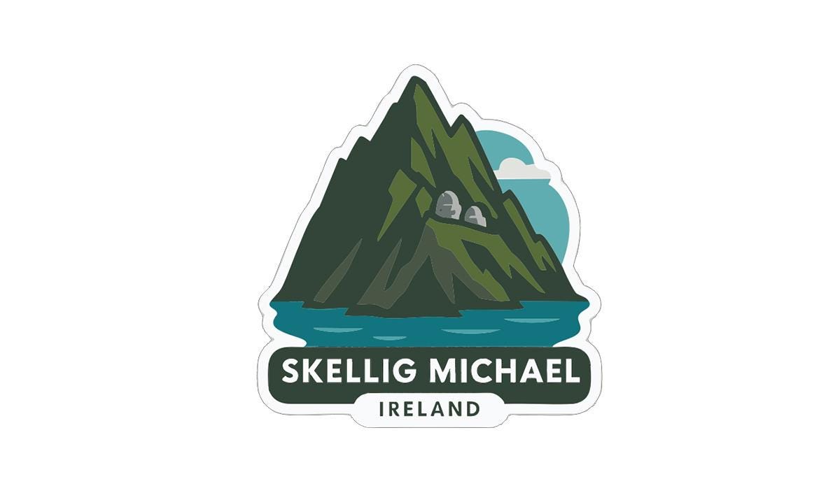 A sticker depicting a mountain with a lake and clouds, with the text "SKELLIG MICHAEL IRELAND" below it.