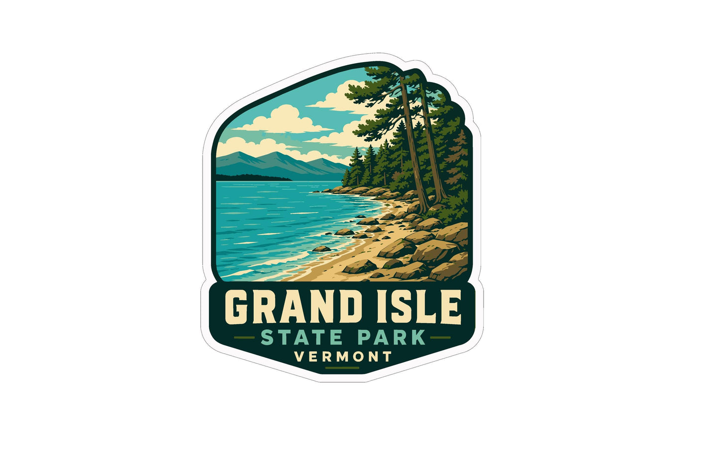 A sticker or emblem featuring a scenic landscape with a lake, mountains, and pine trees, along with the text "GRAND ISLE STATE PARK VIRGINIA" indicating the location of the park.