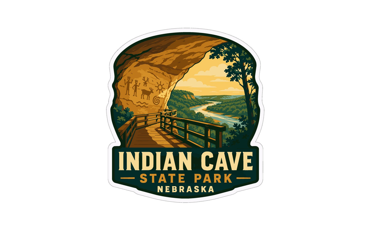 a sticker or emblem for Indian Cave State Park in Nebraska. It depicts a scenic view of the cave with a wooden walkway leading to the entrance, surrounded by lush greenery and a river flowing through the landscape.