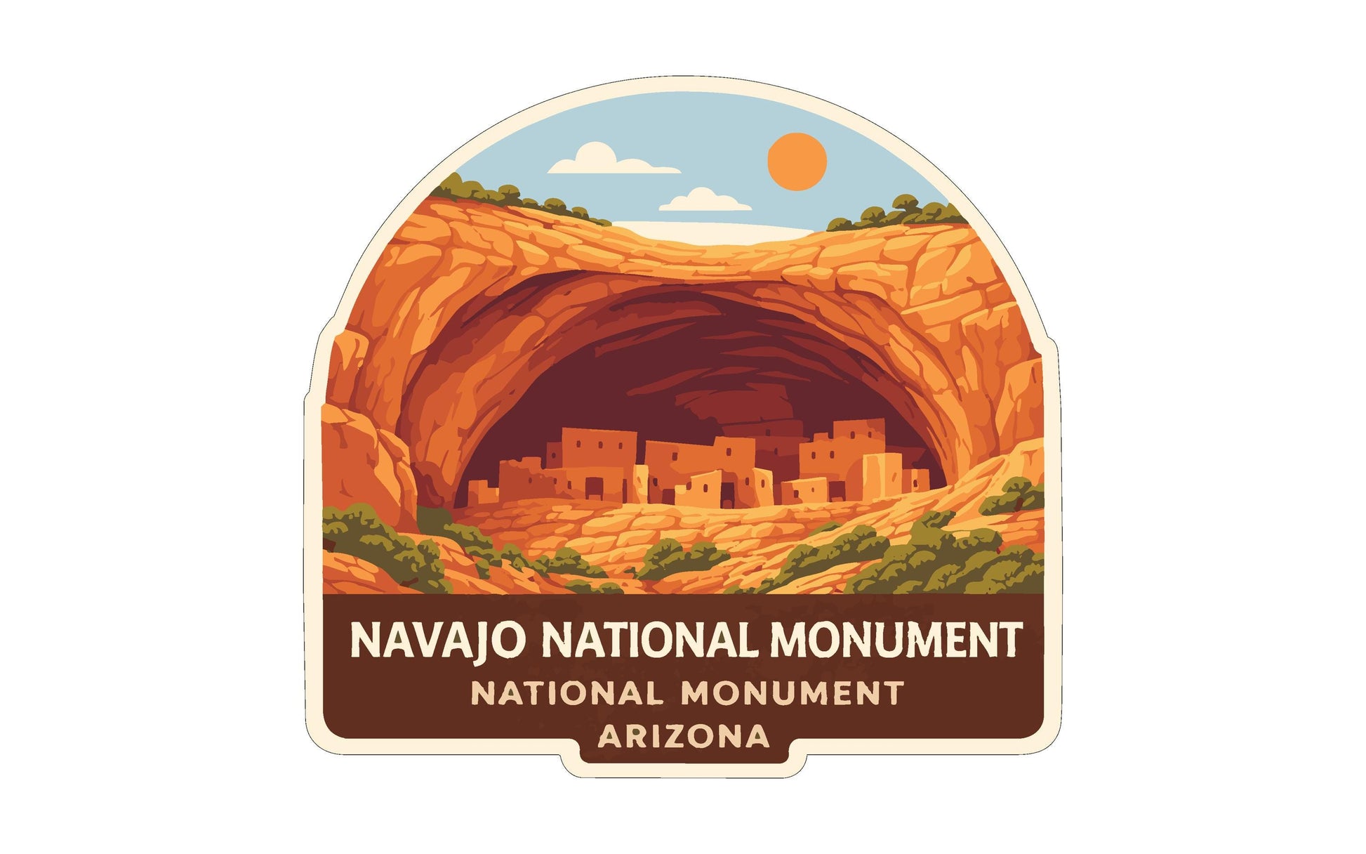 a sticker or label with a stylized illustration of the Navajo National Monument in Arizona.