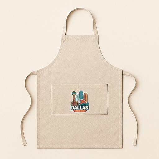 A beige apricot with a graphic of a city skyline and the word "DALLAS" printed on it.