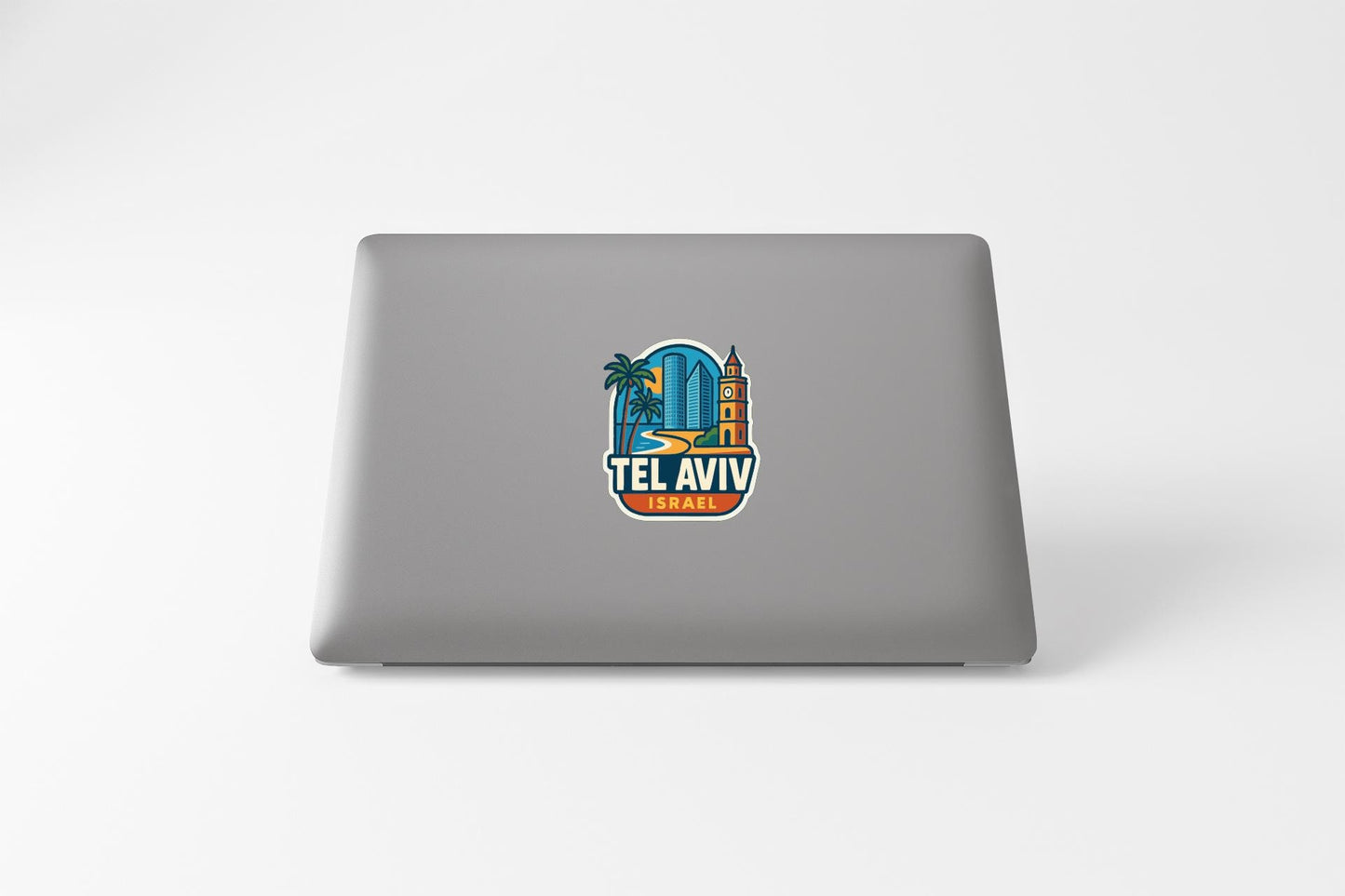 a sticker on the back of a laptop that says "Tel Aviv Israel".