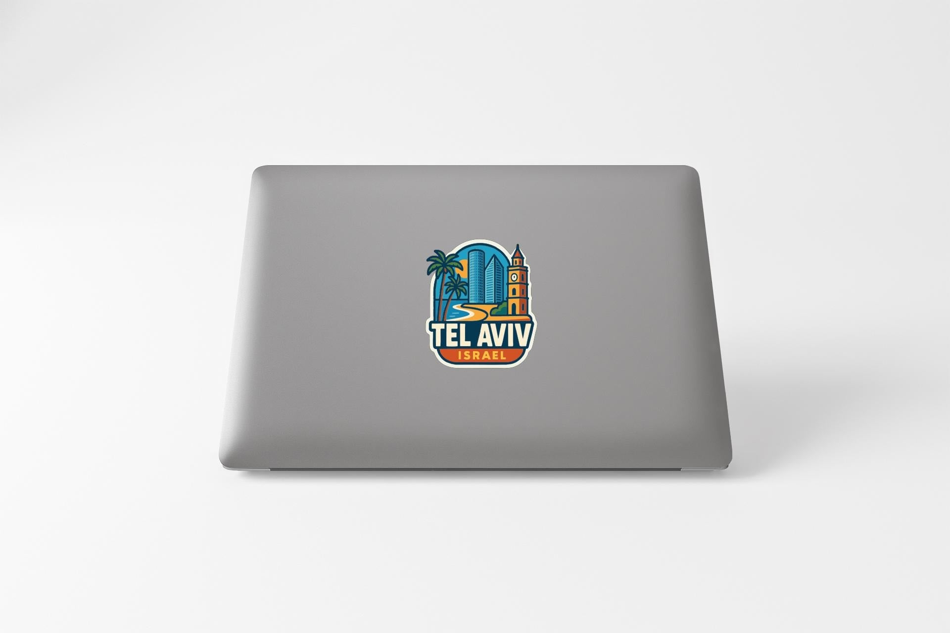 a sticker on the back of a laptop that says "Tel Aviv Israel".