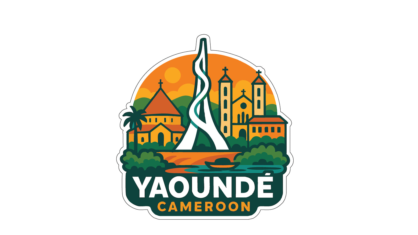 a stylized illustration of a cityscape with a tall tower, surrounded by buildings and palm trees. The text "YAOUDDE CAMERON" is prominently displayed in the center of the image.