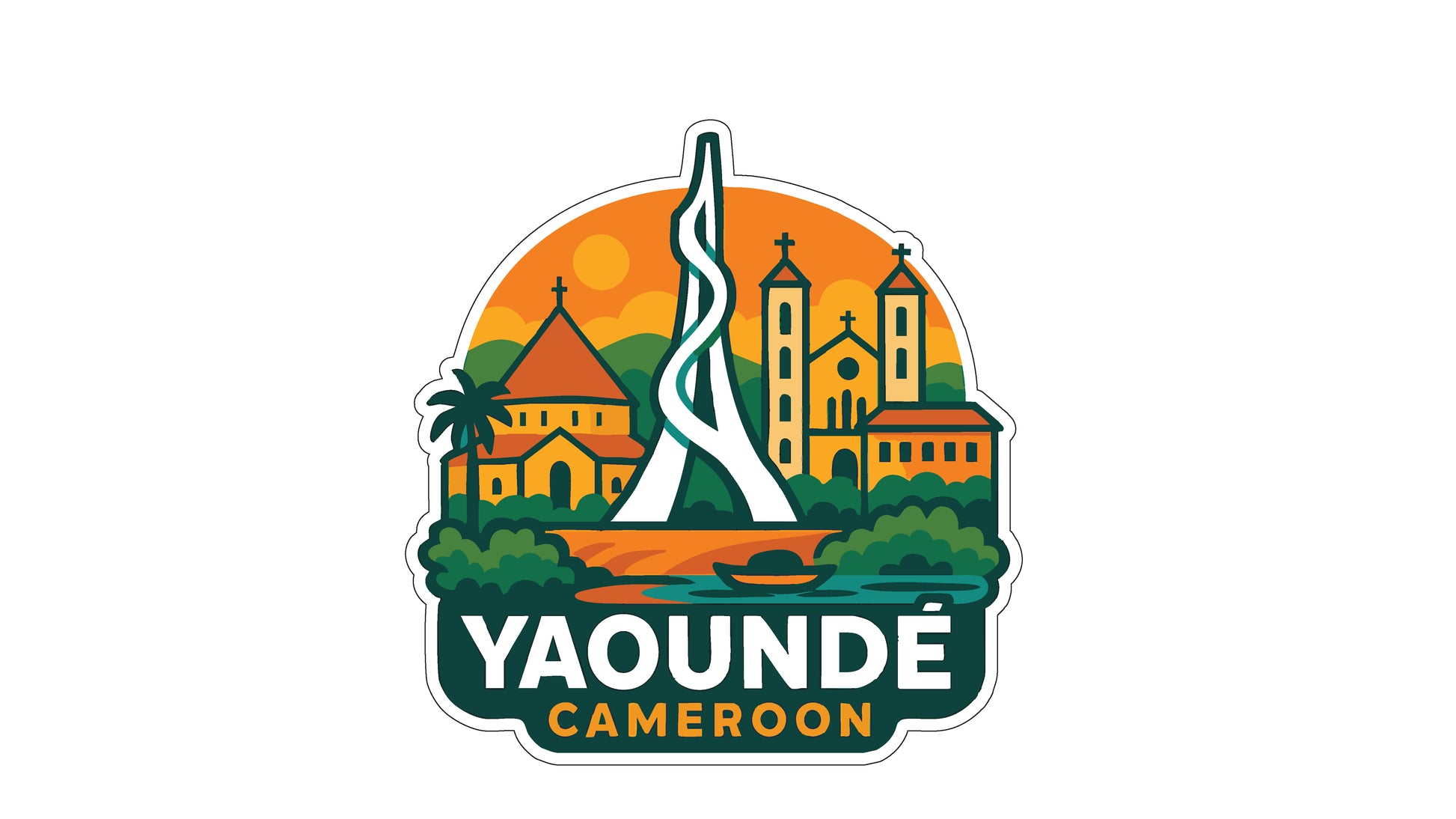 a stylized illustration of a cityscape with a tall tower, surrounded by buildings and palm trees. The text "YAOUDDE CAMERON" is prominently displayed in the center of the image.