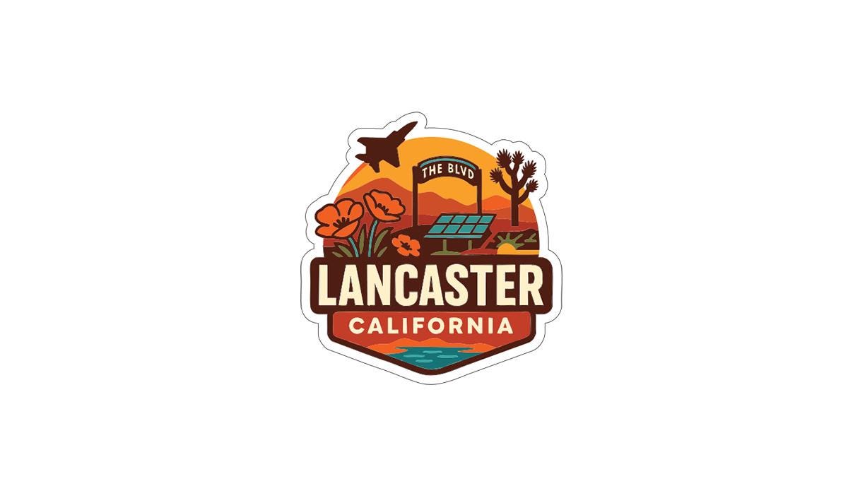 a sticker or logo with various elements representing the city of Lancaster, California.