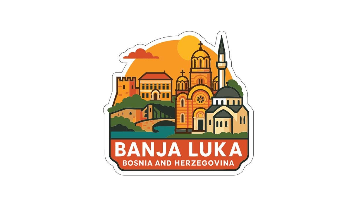 a sticker or illustration of the city of Banja Luka, Bosnia and Herzegovina, with various architectural elements and landmarks depicted.