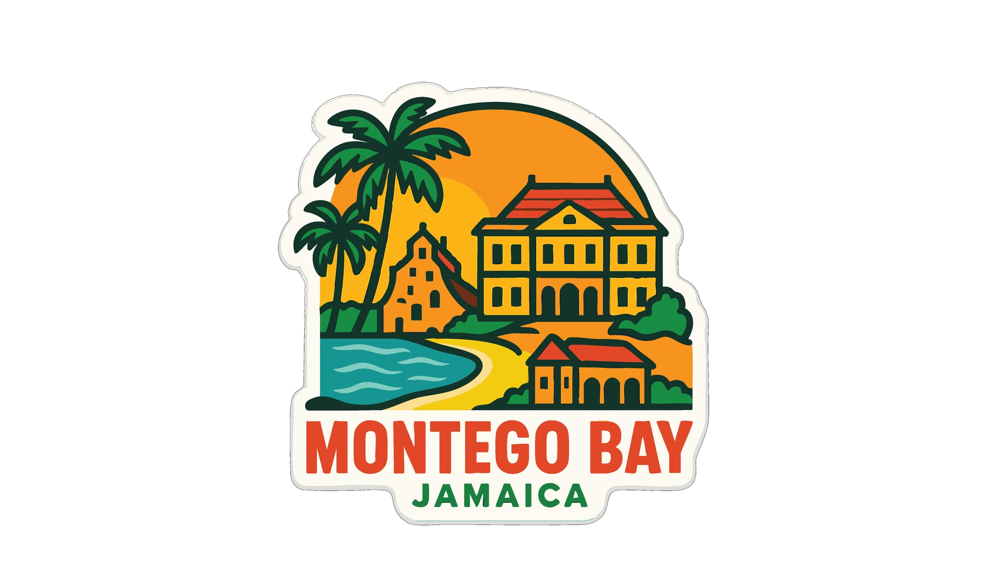a tropical island with palm trees, a beach, and a building, along with the text "MONTEGO BAY JAMAICA" indicating the location.