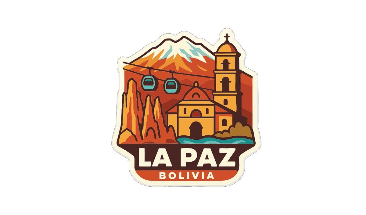 a sticker or emblem with a mountain, a bell tower, and a church, along with the text "LA PAZ BOLIVIA".