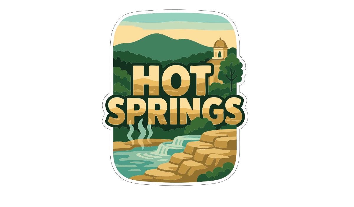 A sticker or label with the text "HOT SPRINGS" prominently displayed, surrounded by a scenic landscape featuring a mountain, a waterfall, and a church.