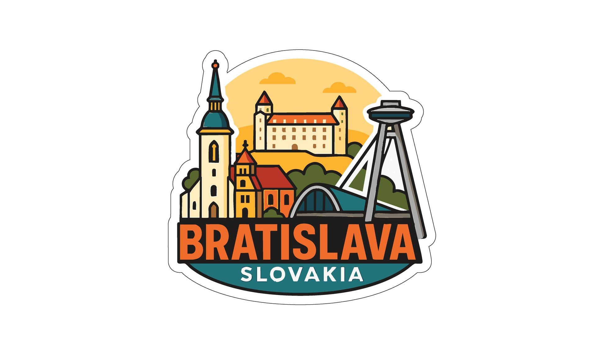 A sticker or emblem featuring the city of Bratislava, Slovakia, with various landmarks and buildings depicted in a stylized manner.