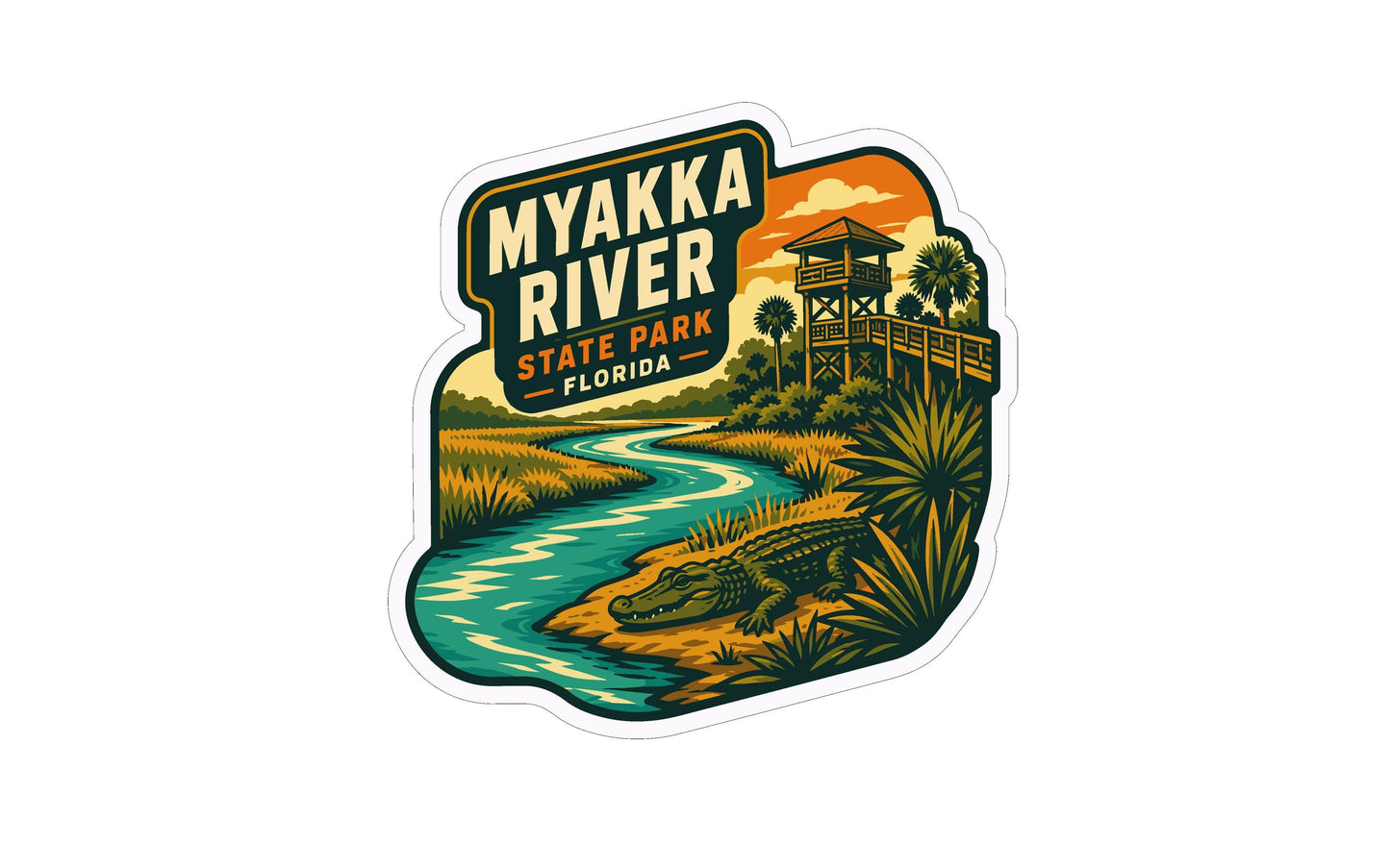 A sticker depicting the Myakka River in Florida, featuring a scenic landscape with a river, a wooden structure, and a crocodile.