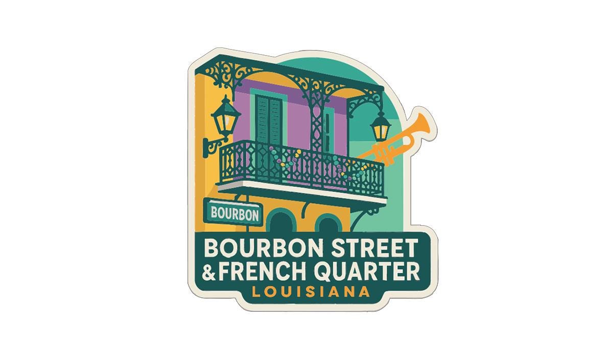a colorful illustration of a building with a balcony, accompanied by the text "BOURBON STREET & FRENCH QUARTER LOUISIANA".