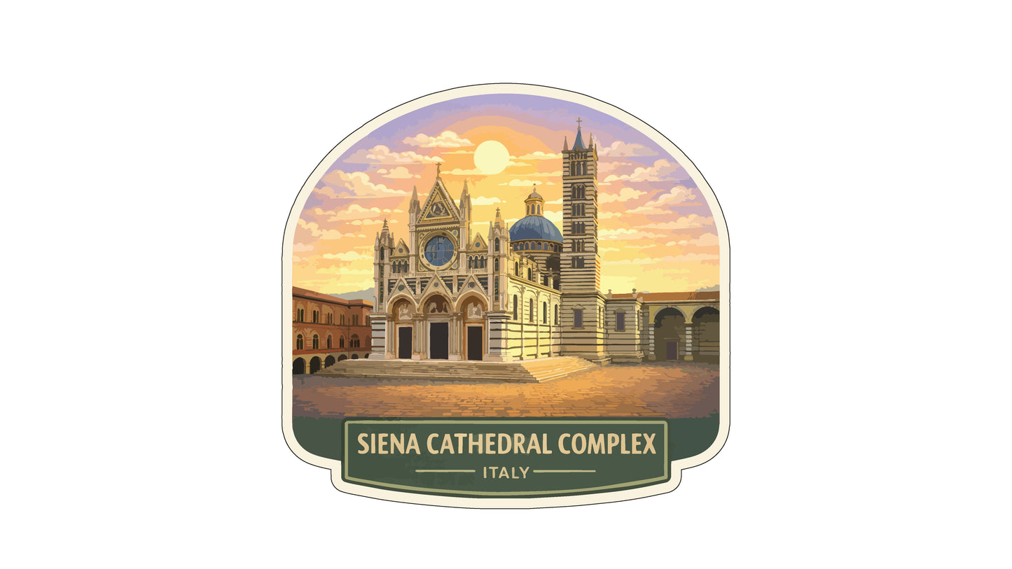 the Siena Cathedral Complex in Italy, featuring a colorful and detailed illustration of the cathedral against a backdrop of a sunset sky.